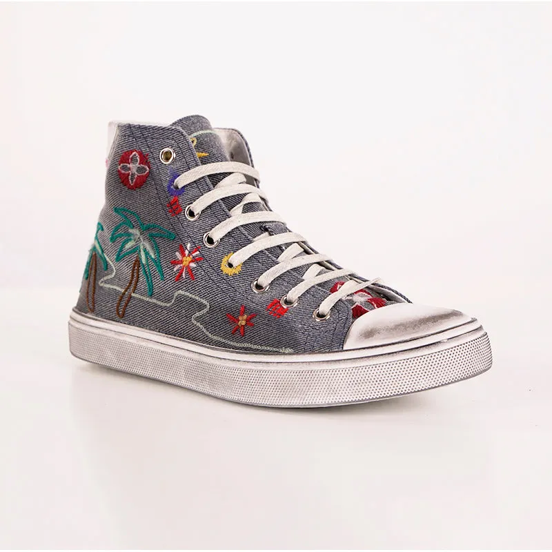 38 NEW $895 SAINT LAURENT Woman's Denim PALM TREE High Top BEDFORD SNEAKERS