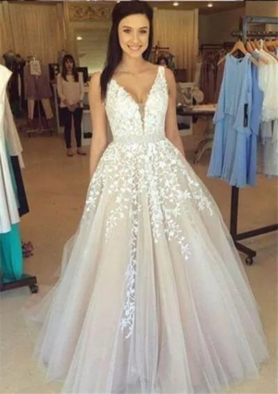 A Line Applique Tulle Prom Dress, Long V Neck Sleeveless Party Dress with Beading