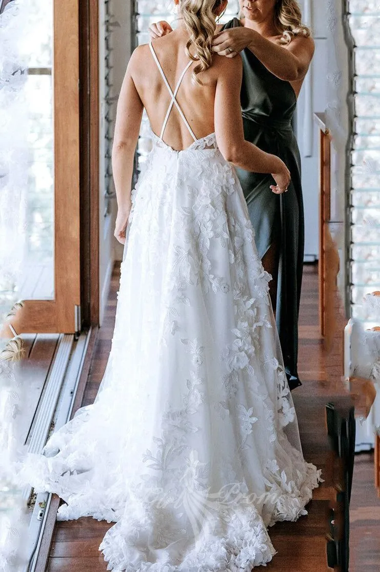 A Line Backless Tulle Boho Beach Wedding Dresses With Appliques PW583