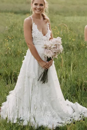 A Line Backless Tulle Boho Beach Wedding Dresses With Appliques PW583