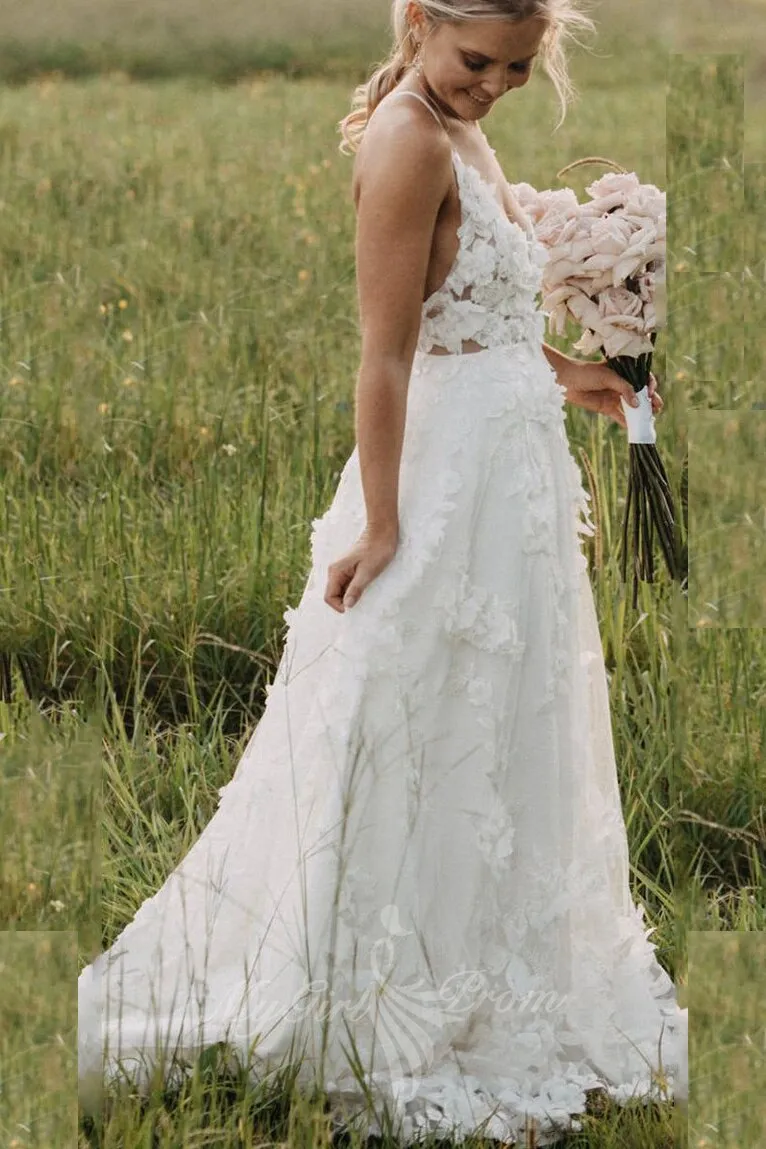 A Line Backless Tulle Boho Beach Wedding Dresses With Appliques PW583