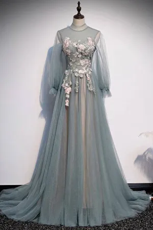 A Line Long Sleeves Tulle Prom Dress with Flowers, Unique Long Evening Dress with Applique