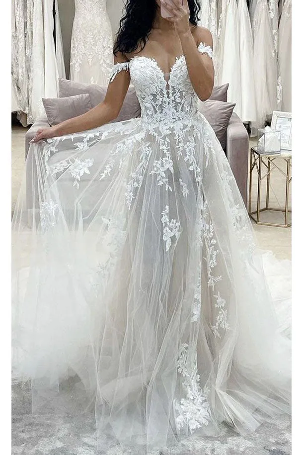 A Line Off the Shoulder Lace Tulle Long Wedding Gown Bridal Dress Beach Wedding UQW0038