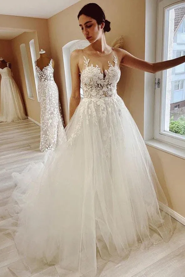 A-line Sheer Neck Lace Appliques Long Beach Wedding Dress, Puffy Tulle Bridal Gown UQW0125