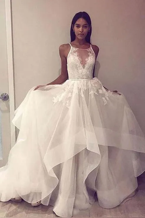 A Line Sleeveless Tulle Prom Dress with Lace Appliques, Beach Wedding Dress UQ2443