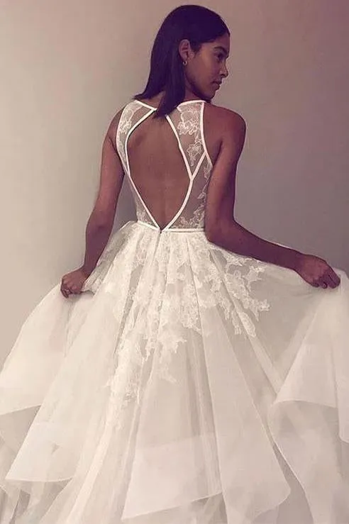 A Line Sleeveless Tulle Prom Dress with Lace Appliques, Beach Wedding Dress UQ2443