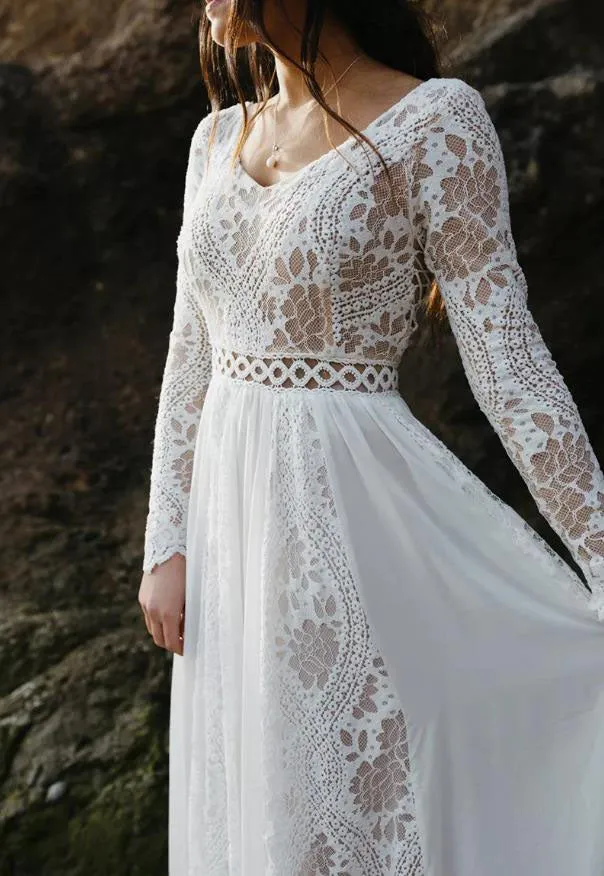 A Line V Neck Long Sleeves Lace Beach Wedding Dress, Bridal Gown UQW0076