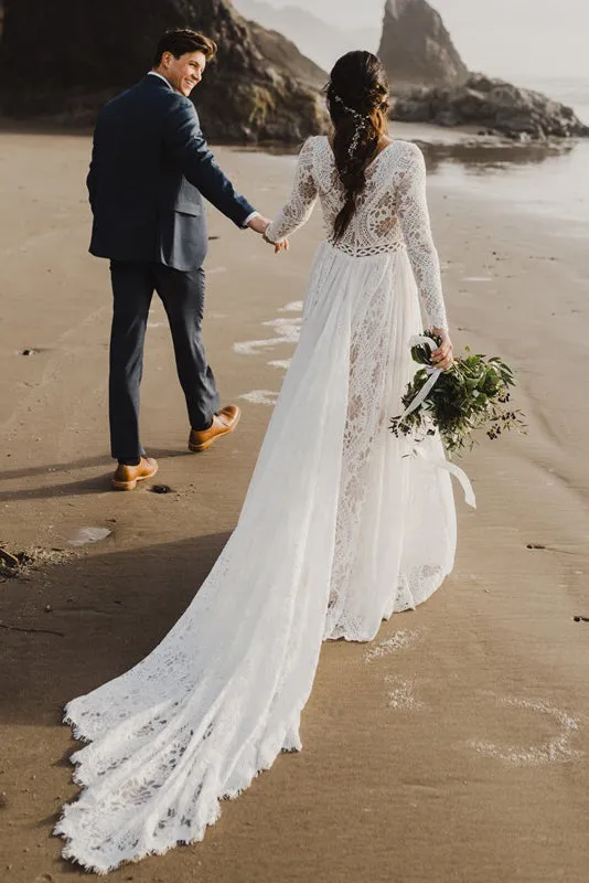 A Line V Neck Long Sleeves Lace Beach Wedding Dress, Bridal Gown UQW0076