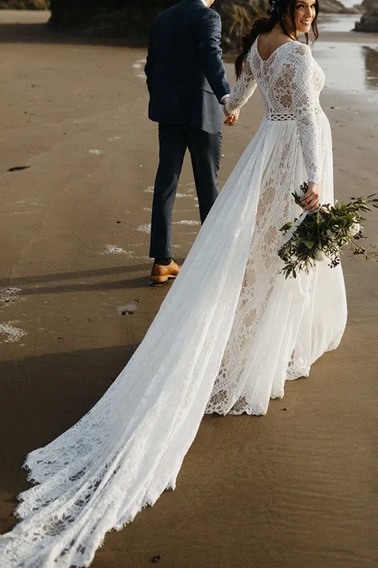 A Line V Neck Long Sleeves Lace Beach Wedding Dress, Bridal Gown UQW0076