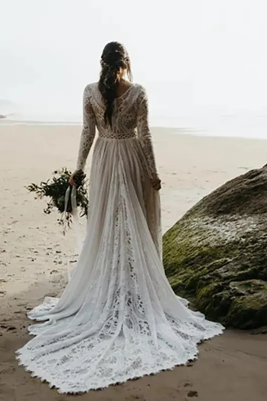 A Line V Neck Long Sleeves Lace Beach Wedding Dress, Bridal Gown UQW0076