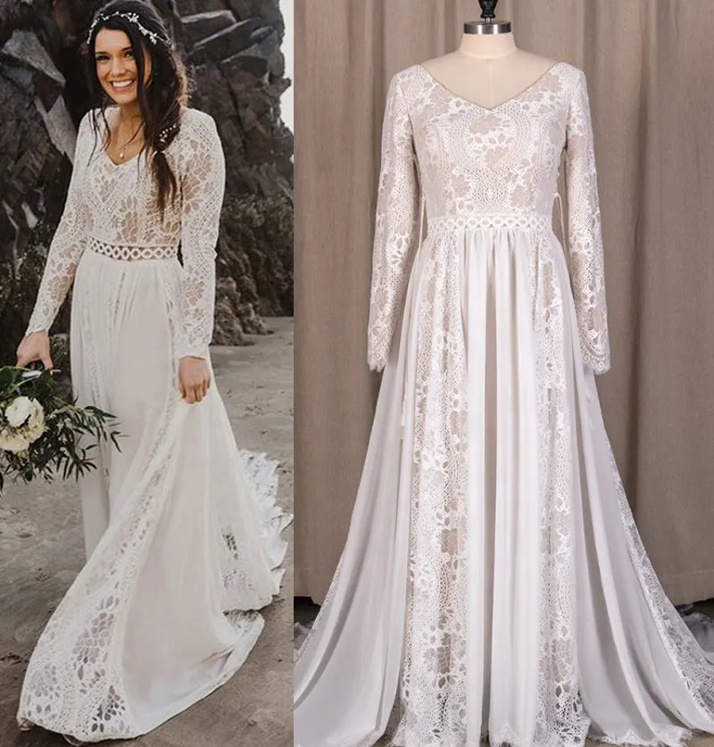 A Line V Neck Long Sleeves Lace Beach Wedding Dress, Bridal Gown UQW0076