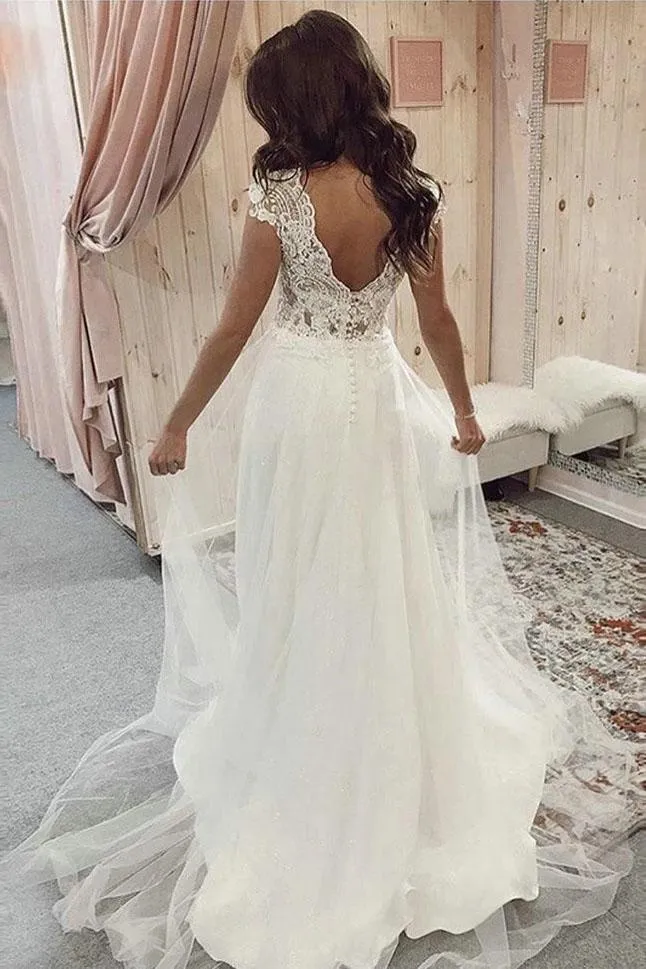 A Line V Neck Tulle Beach Wedding Dress with Lace, Ivory Lace Top Long Bridal Dresses UQ2361