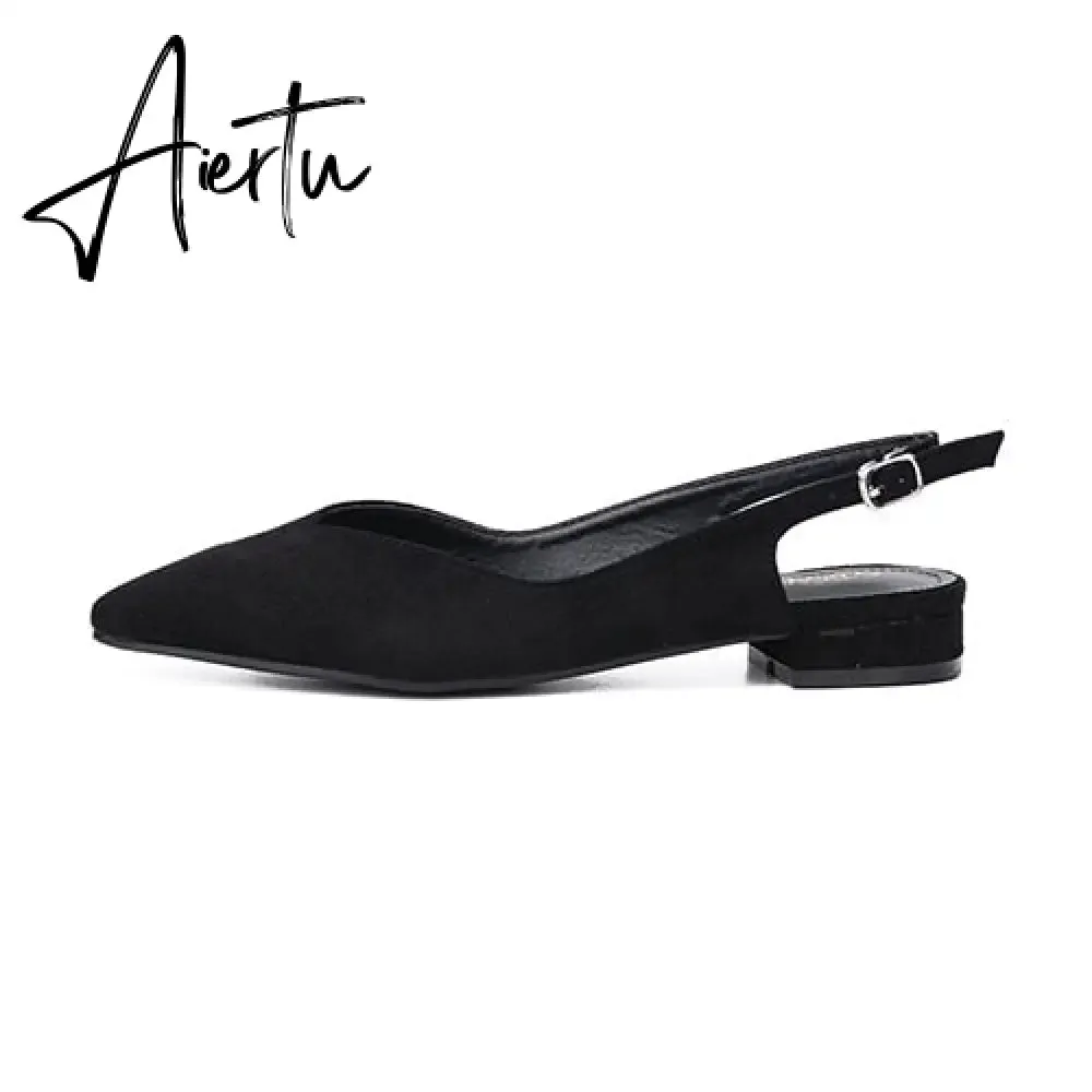 Aiertu Black Low Heels Women Pumps Buckle Flock Dress Casual Ladies Shoes Pointed Toe Slingbacks Spring Large 41 Court Shoes