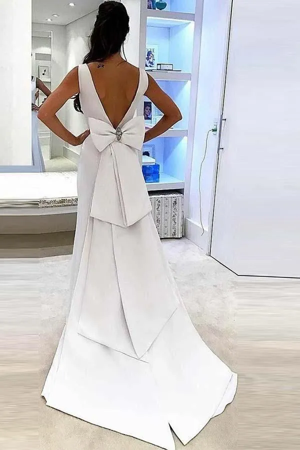 Anneprom Mermaid Deep V-Neck Sweep Trian White Satin Backless Wedding Dress APW0183