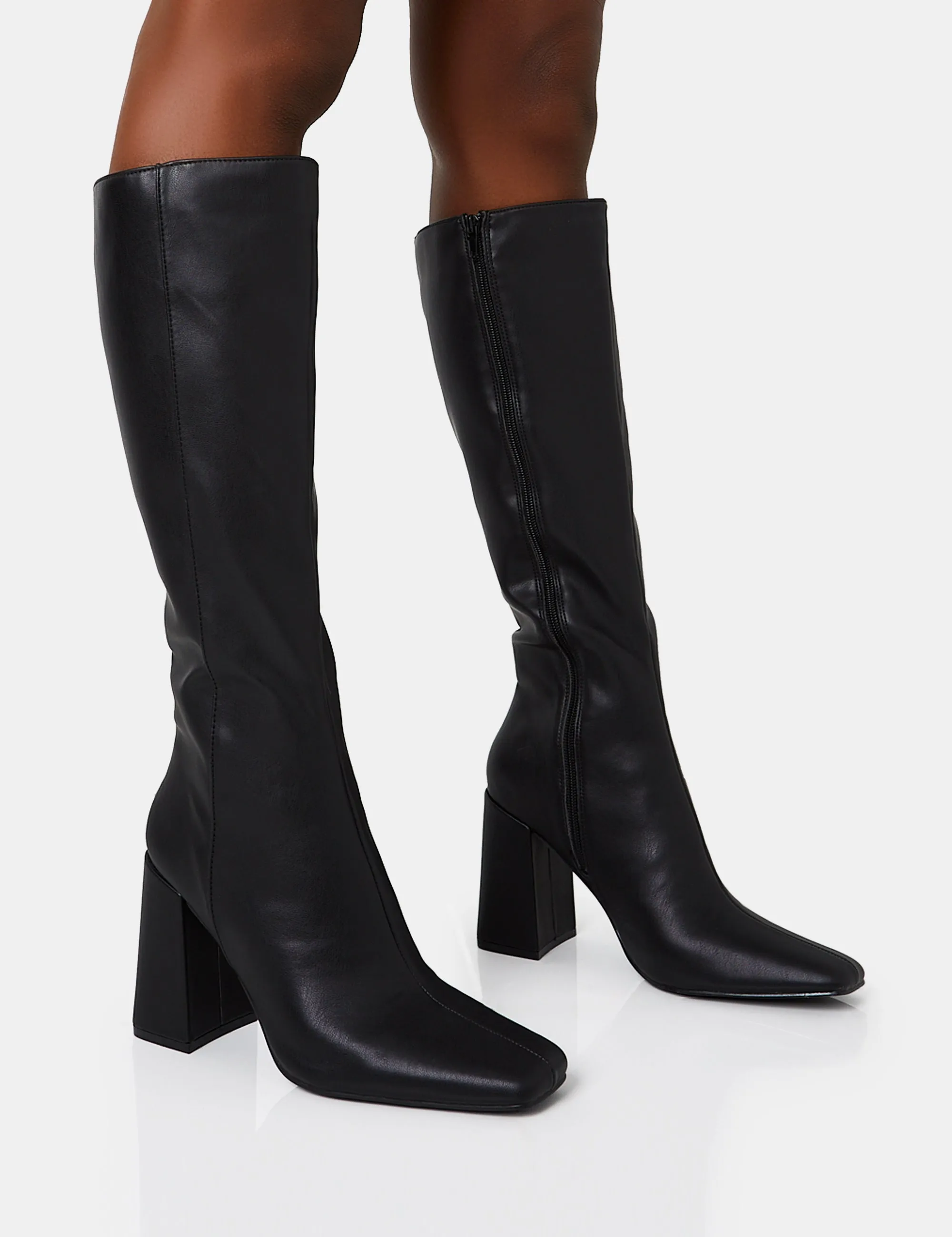 Apology Black Pu Knee High Block Heel Boots