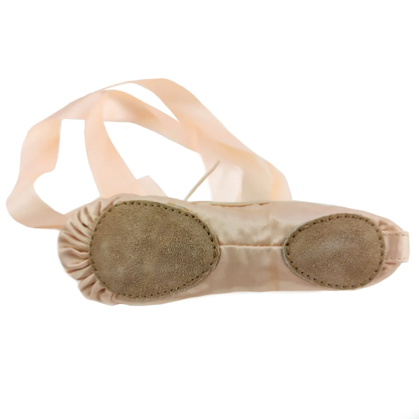 Ballet Shoes with Ribbons, Peach Silky Satin with Leather Split Sole