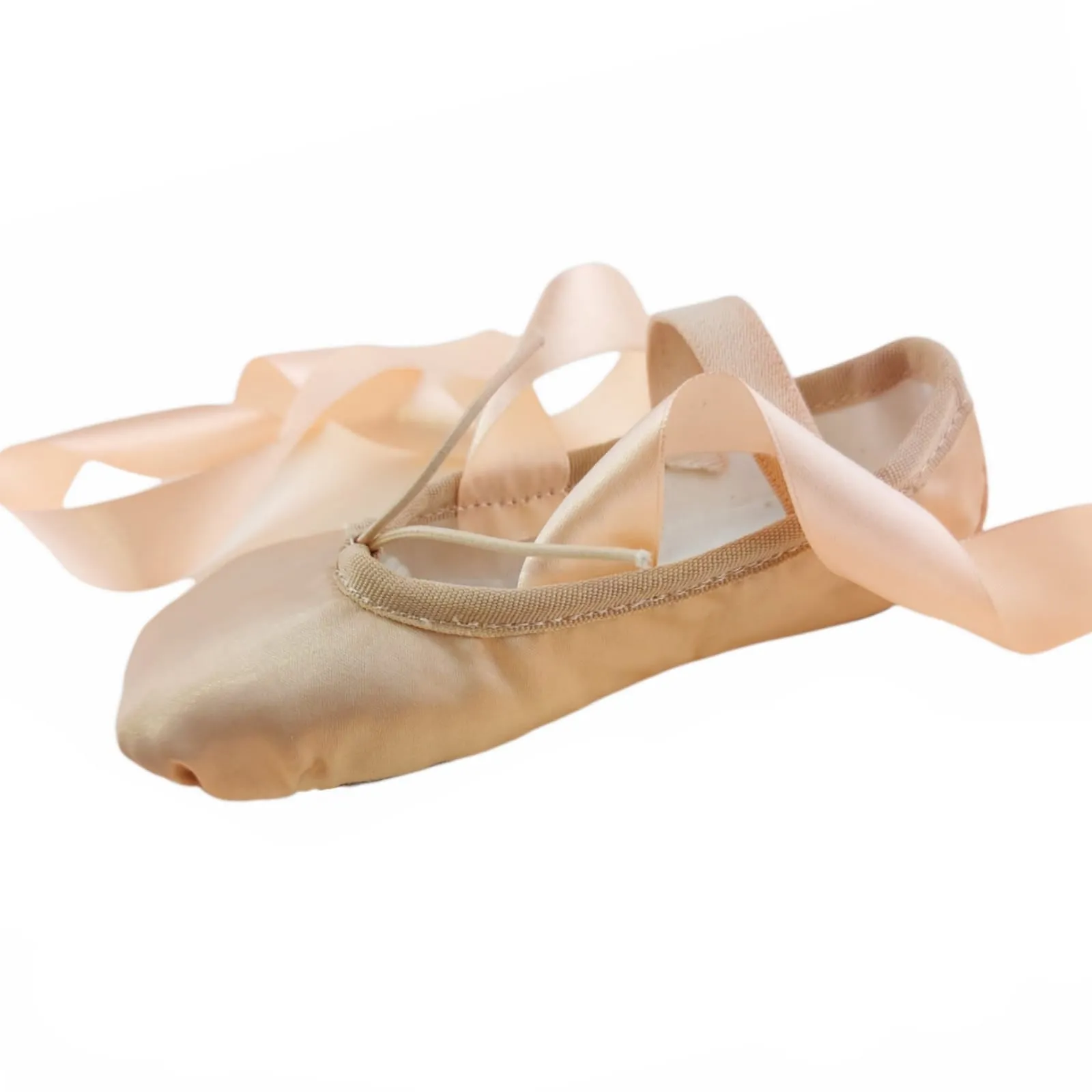 Ballet Shoes with Ribbons, Peach Silky Satin with Leather Split Sole