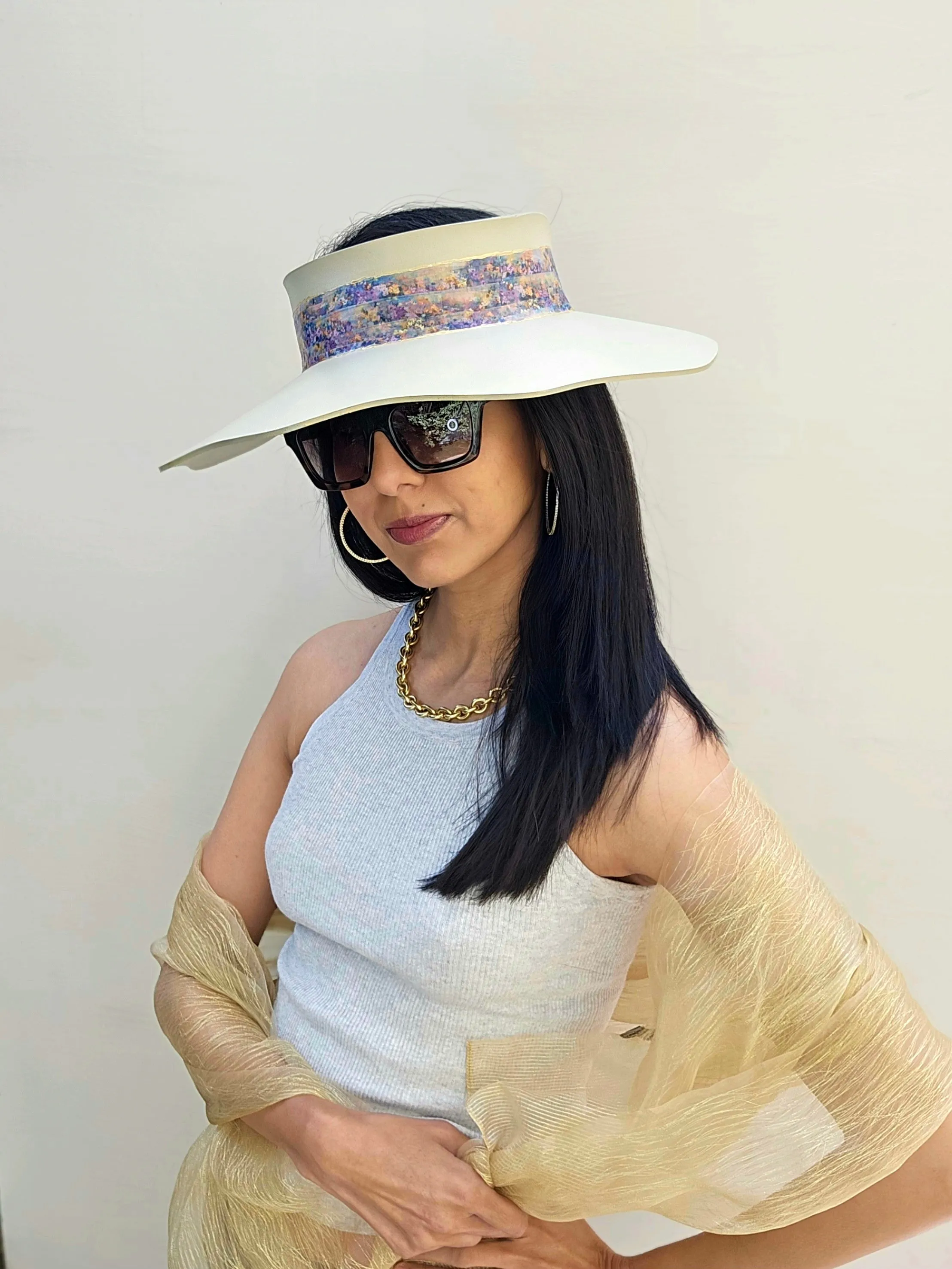 Beige Lotus Visor Hat with Multi-Color Monet Style Band