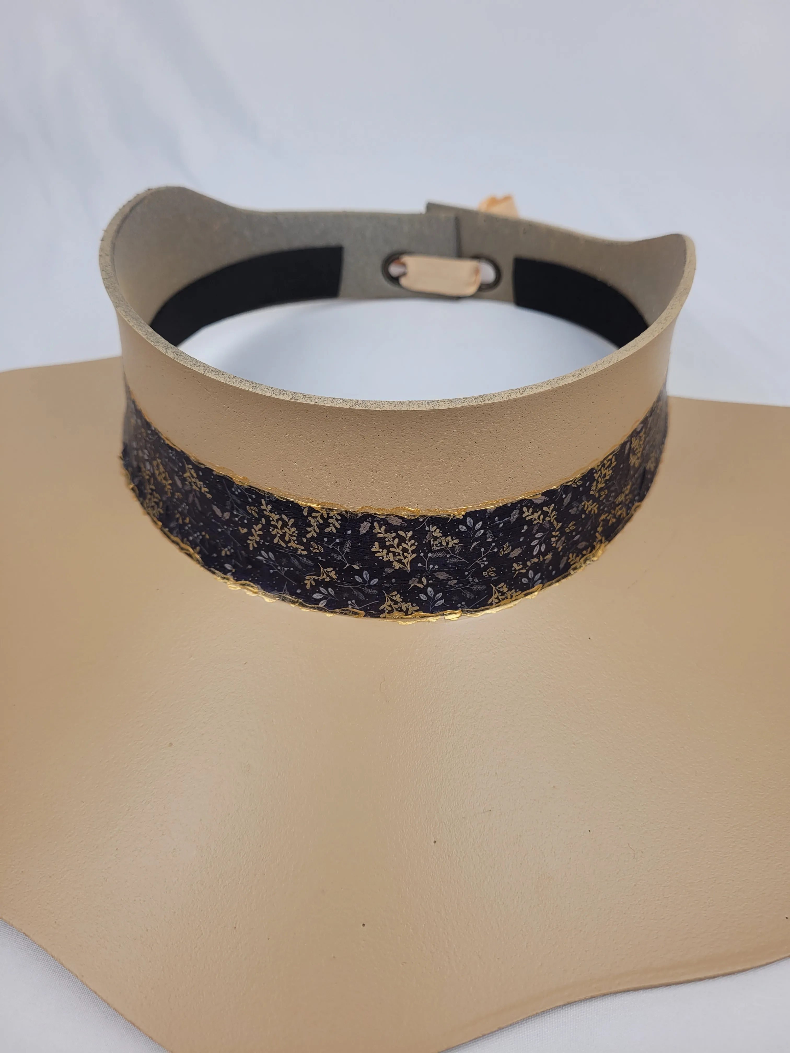 Beige Lotus Visor Hat with Navy Blue Floral Band and Gold Accents