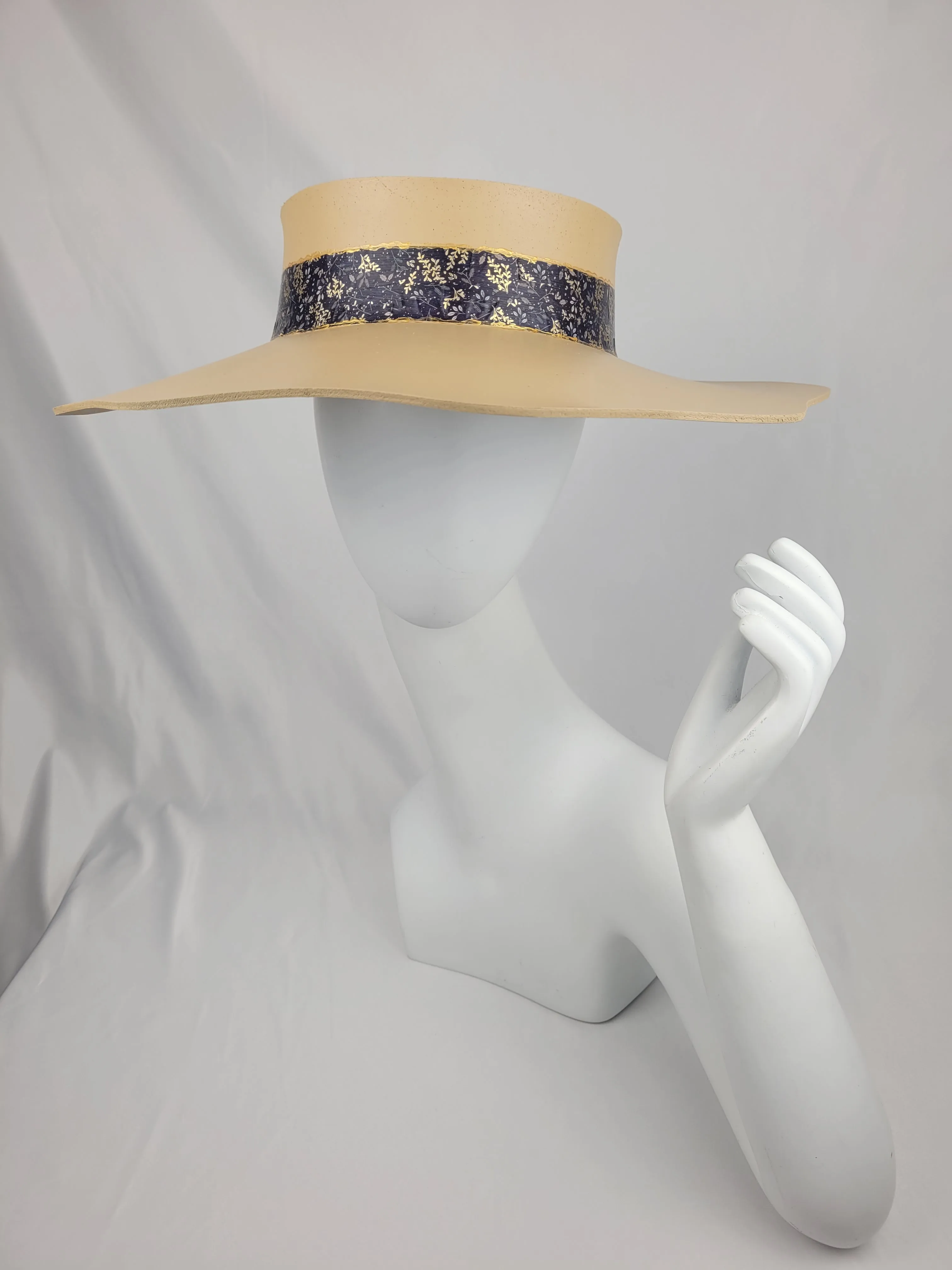 Beige Lotus Visor Hat with Navy Blue Floral Band and Gold Accents