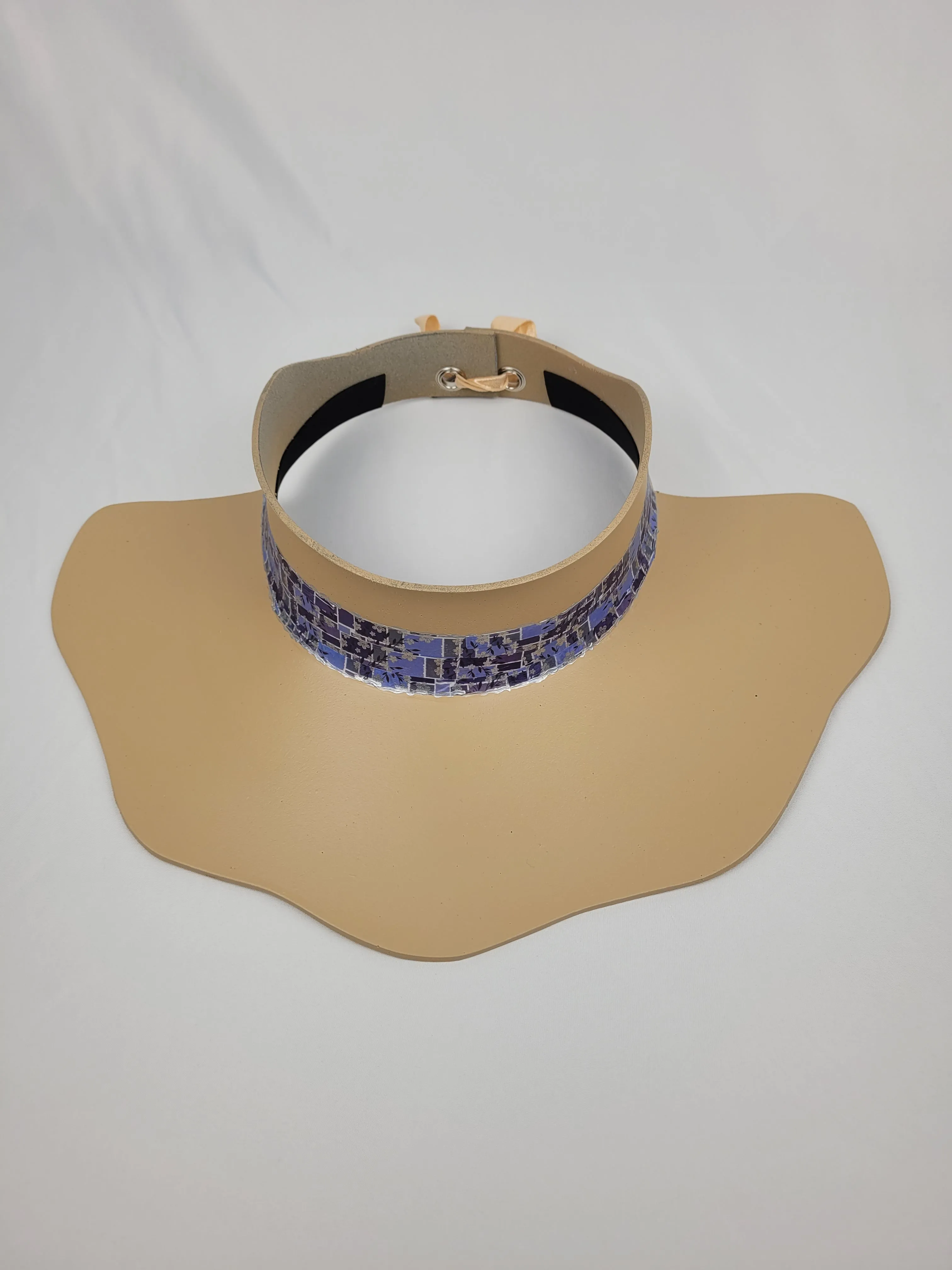 Beige Lotus Visor Hat with Silvery Blue and Purple Floral Band