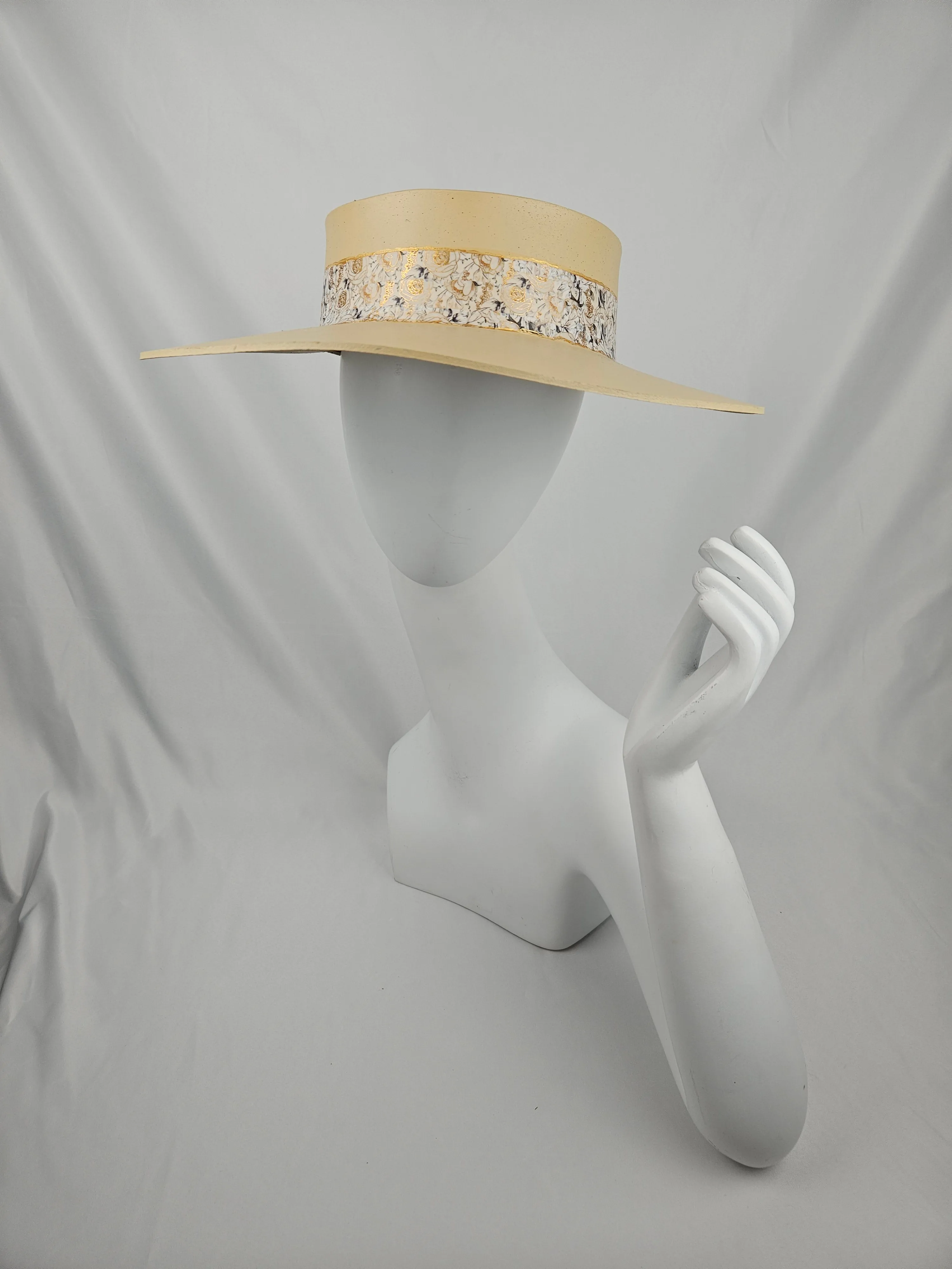 Beige "LadyEVA" Visor Hat with Golden White Floral Band