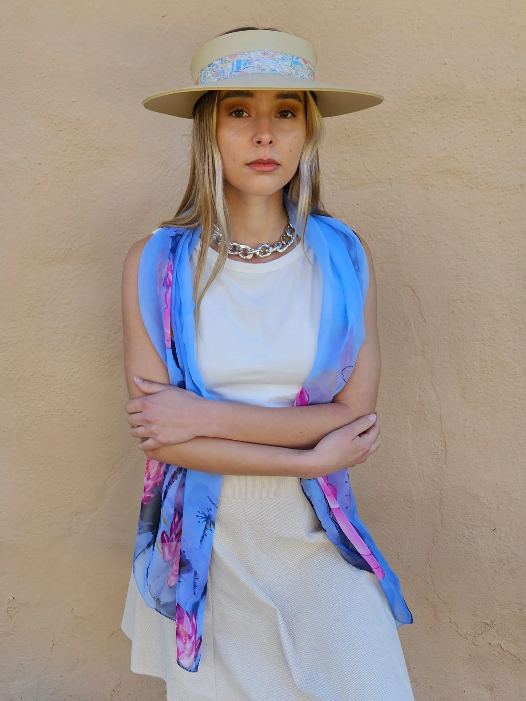 Beige "LadyEVA" Visor Hat with Pastel Multicolor Floral Band