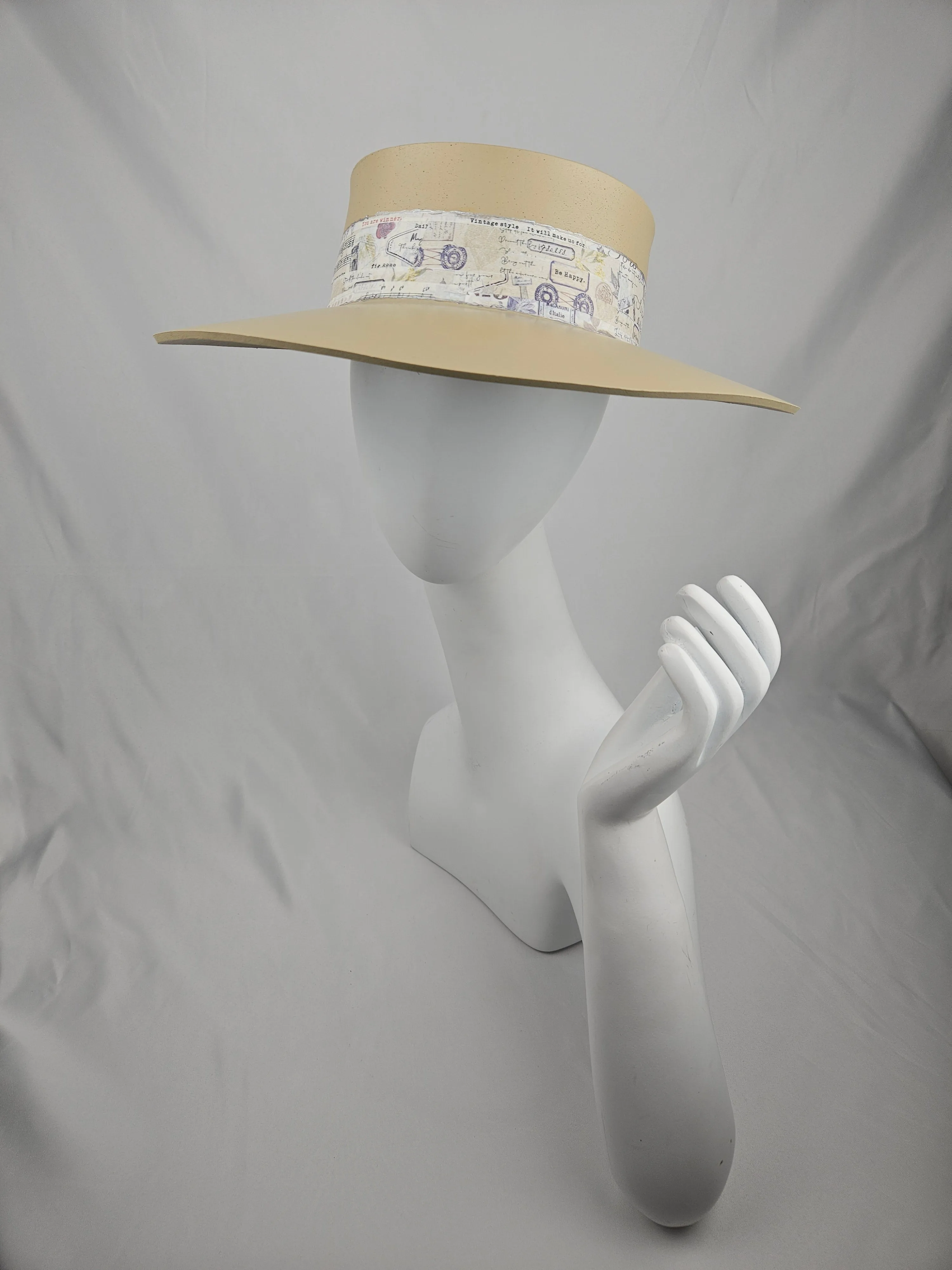 Beige "LadyEVA" Visor Hat with Vintage Collage Band