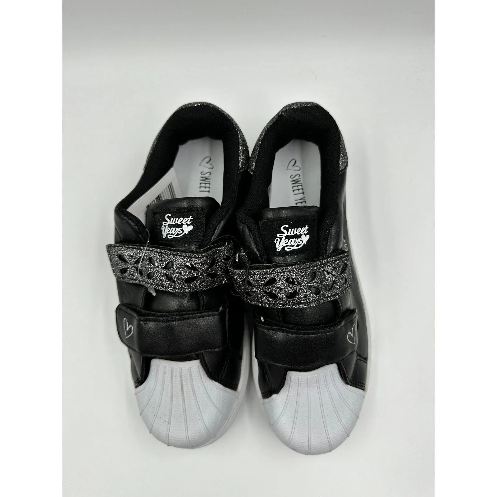 Big Kid/Youth Size 4, Black Sneakers w/ Toe Cap and Straps w/ Some Heart Details