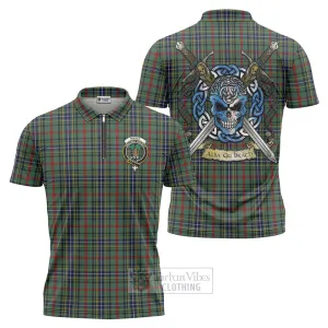 Bisset Tartan Zipper Polo Shirt with Family Crest Celtic Skull Style