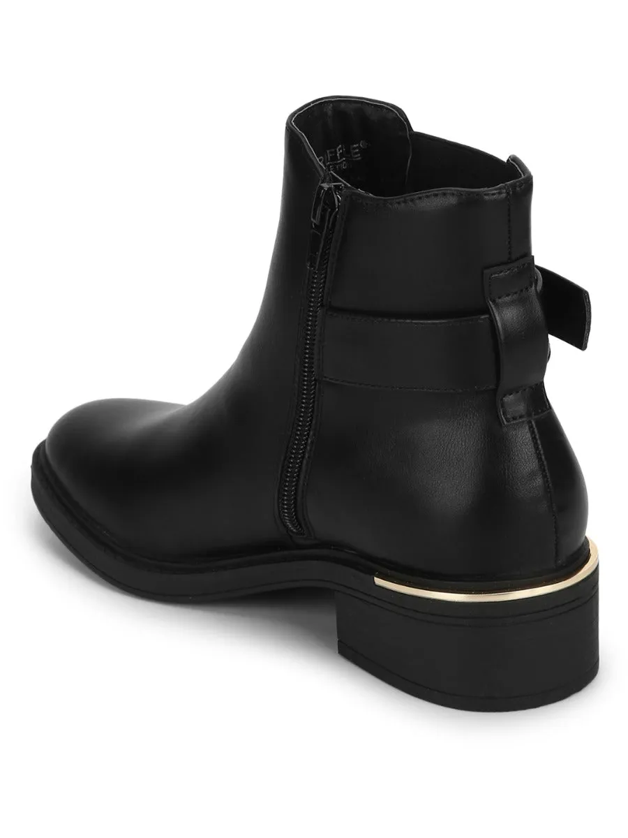 Black PU Low Heel Ankle Boots With Buckle