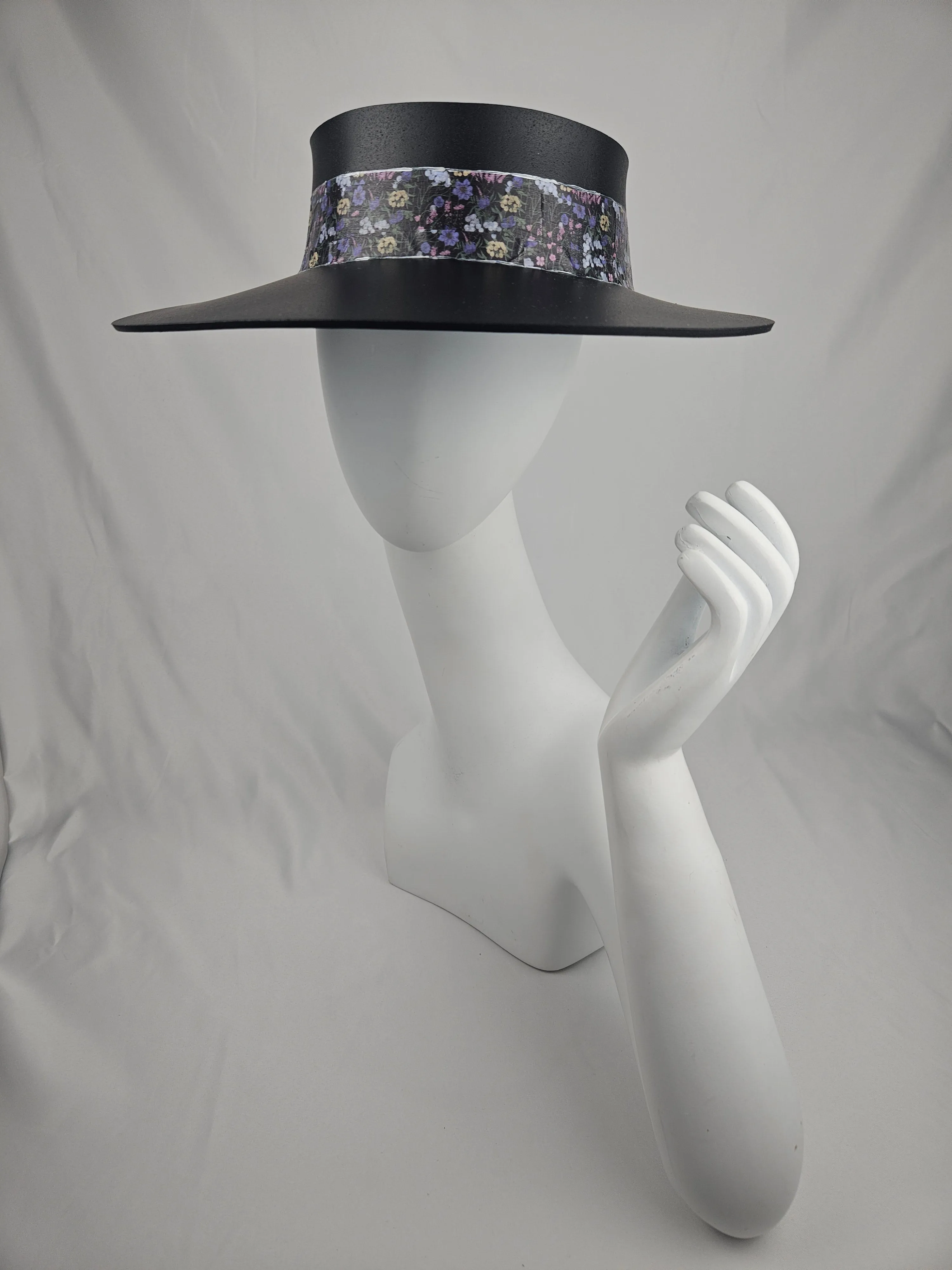 Black "LadyEVA" Visor Hat with Dark Purple Floral Band