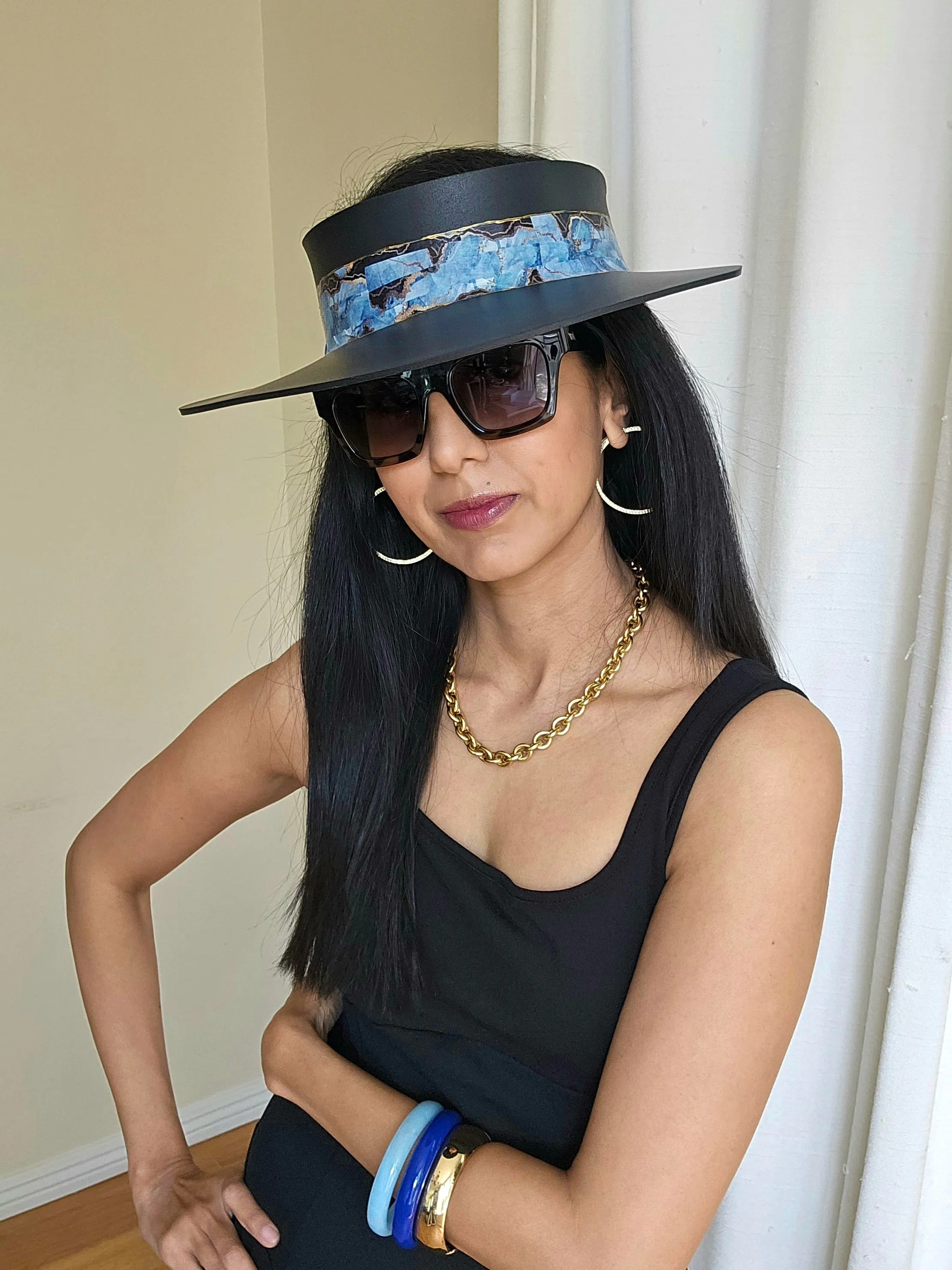 Black "LadyEVA" Visor Hat with Elegant Marbled Blue Band