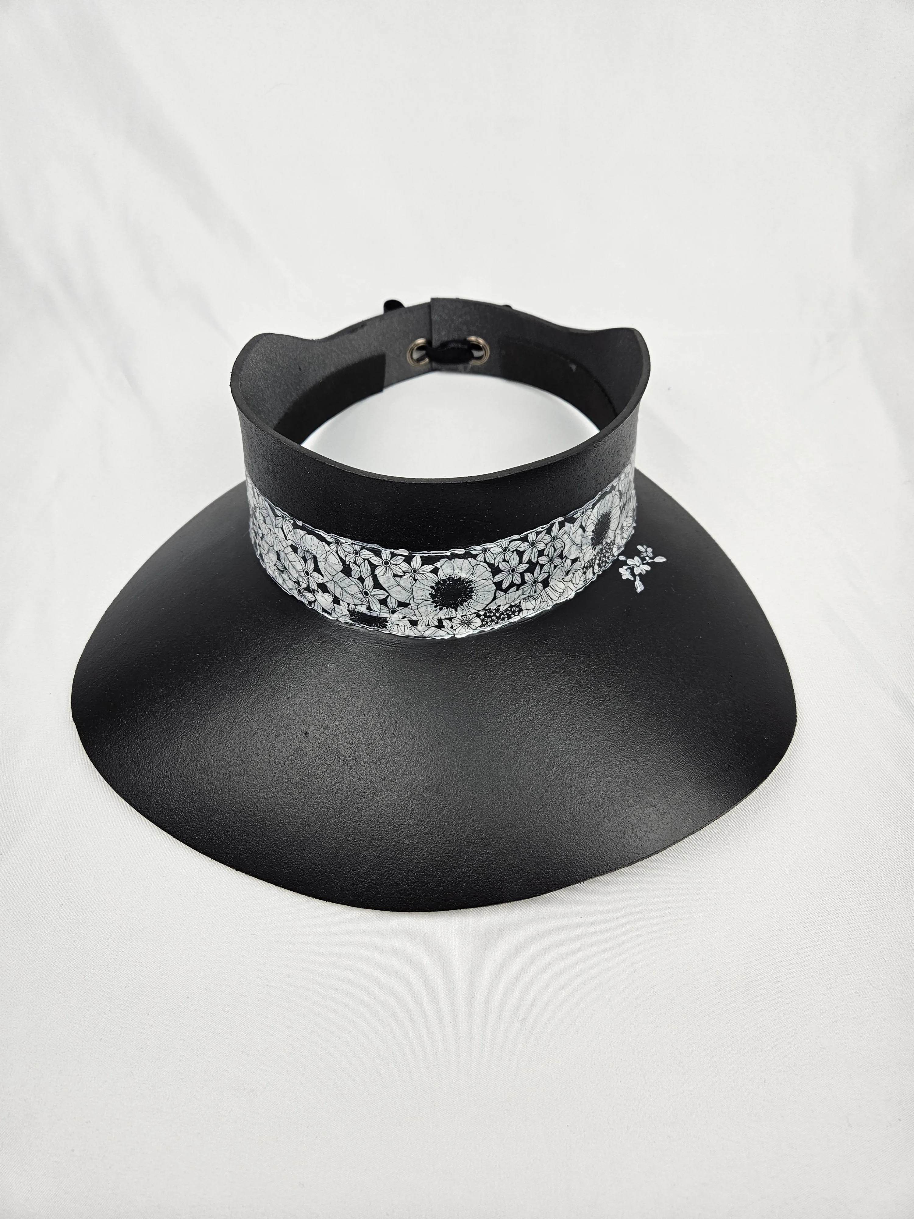 Black "LadyEVA" Visor Hat with Floral Band and Handpainted Motif