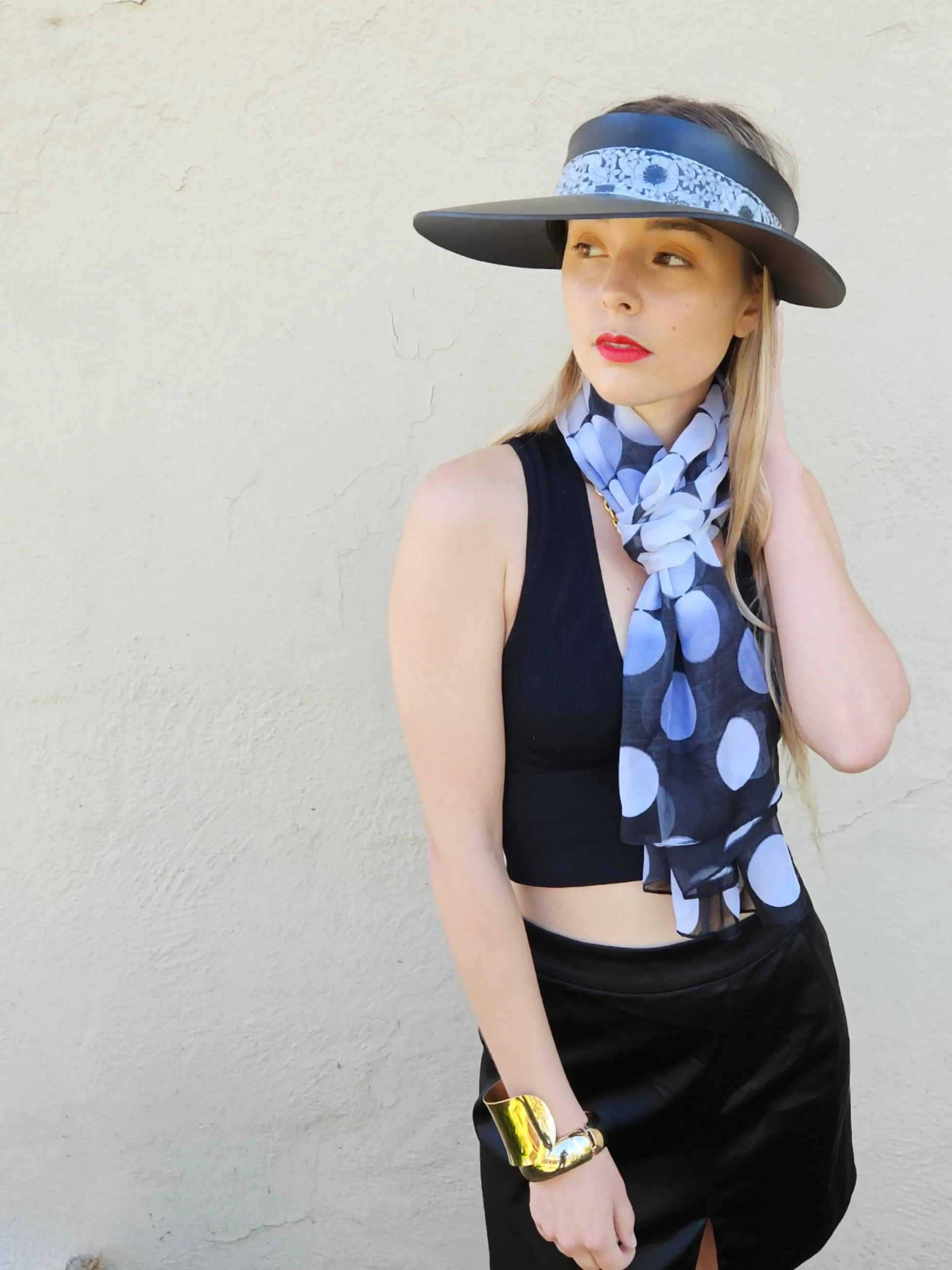 Black "LadyEVA" Visor Hat with Floral Band and Handpainted Motif