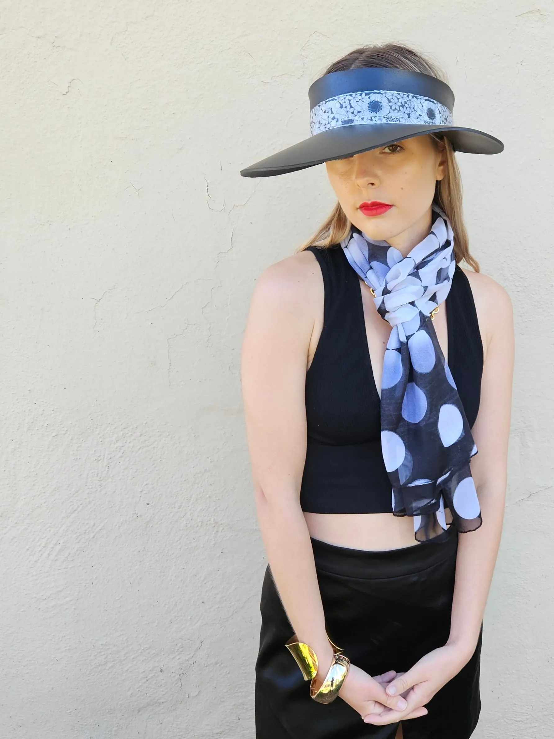 Black "LadyEVA" Visor Hat with Floral Band and Handpainted Motif