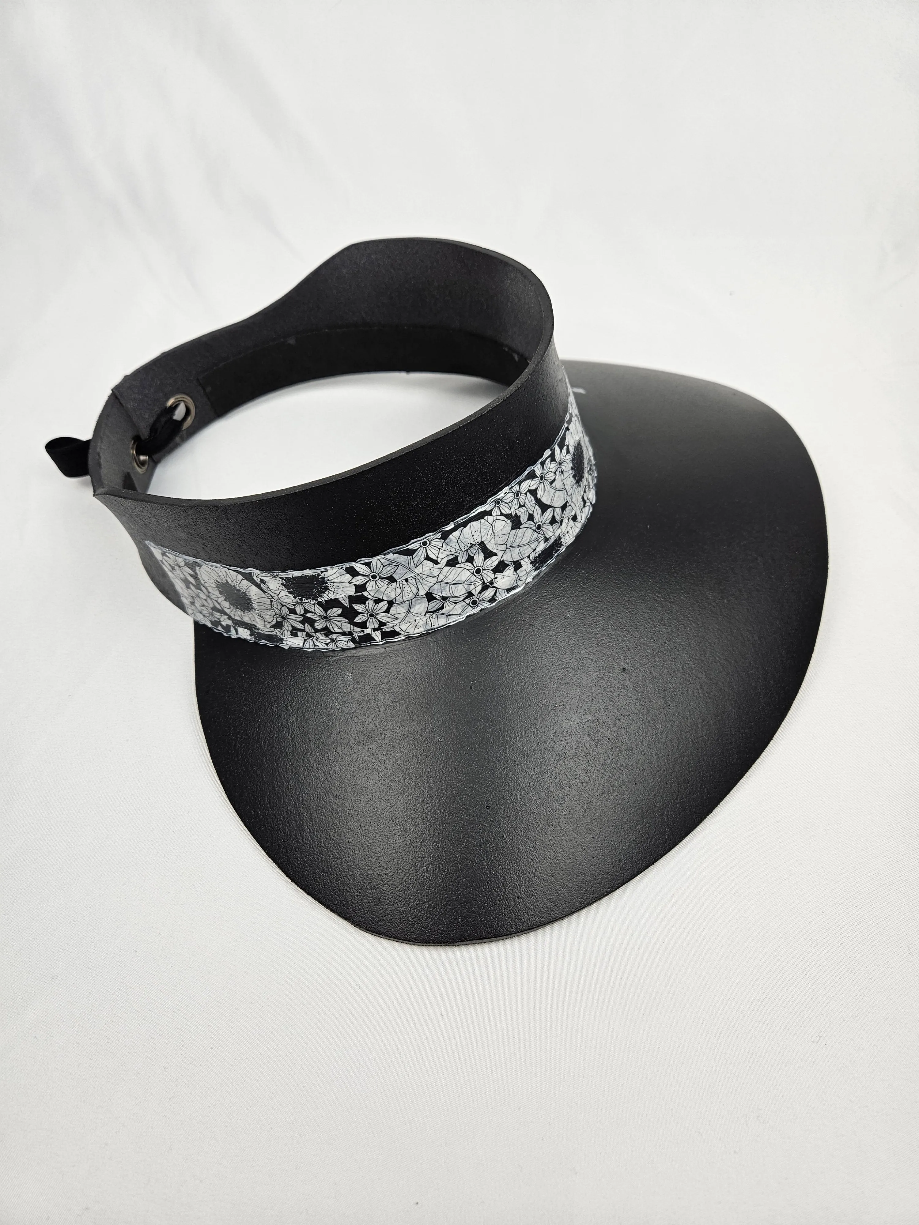 Black "LadyEVA" Visor Hat with Floral Band and Handpainted Motif