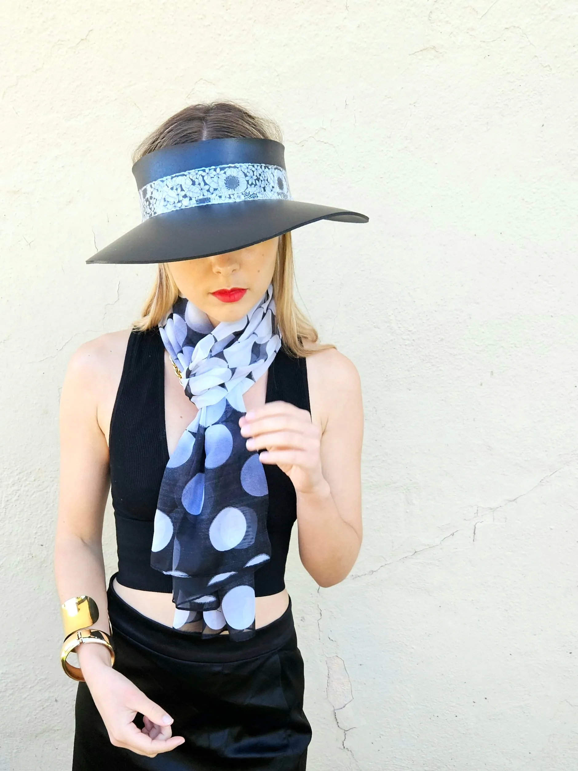 Black "LadyEVA" Visor Hat with Floral Band and Handpainted Motif