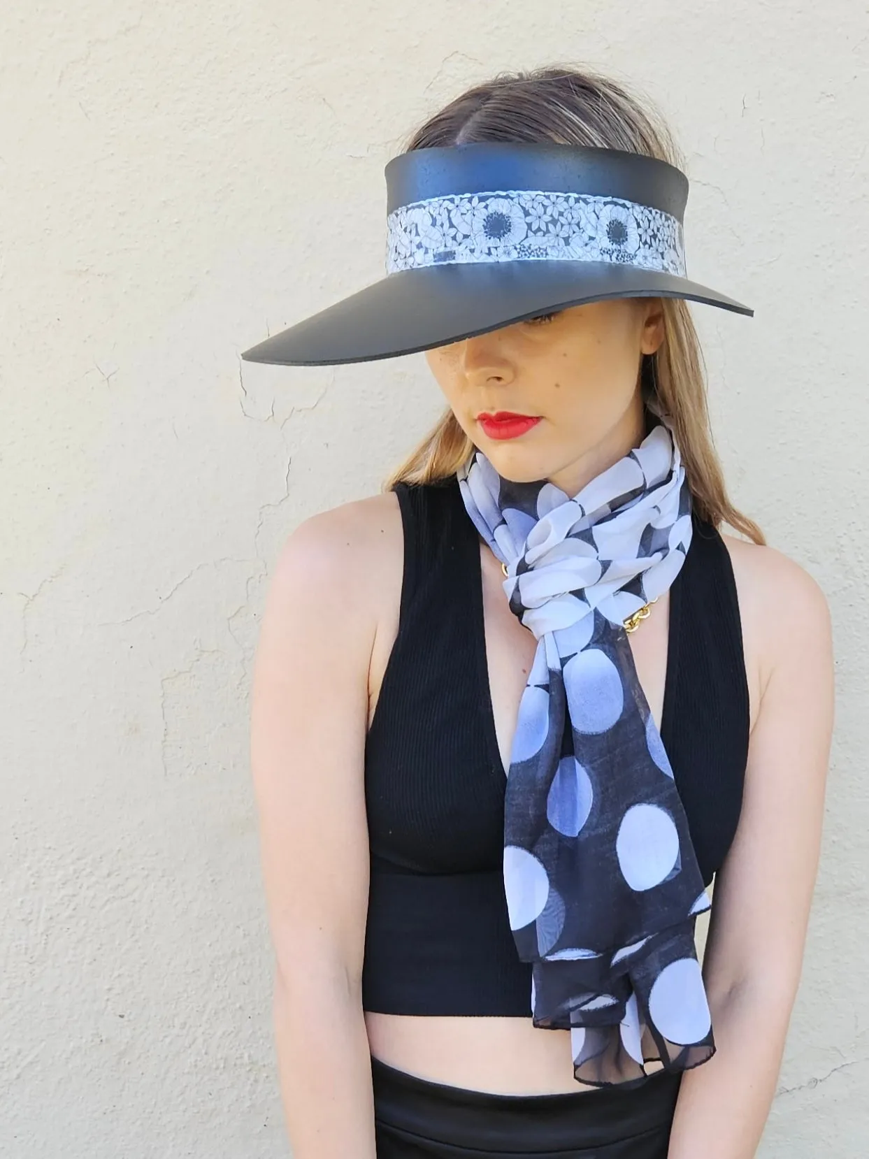 Black "LadyEVA" Visor Hat with Floral Band and Handpainted Motif