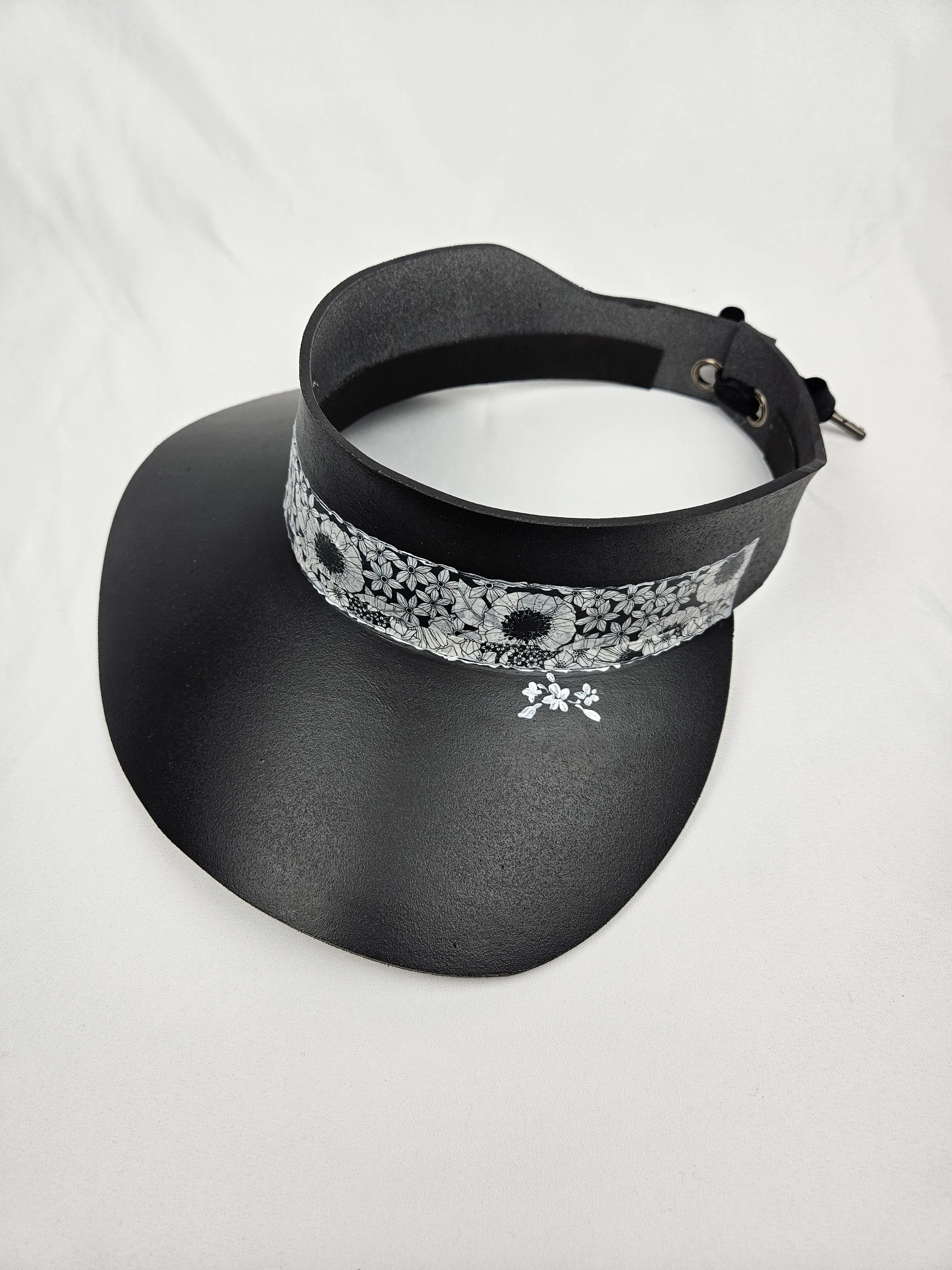 Black "LadyEVA" Visor Hat with Floral Band and Handpainted Motif