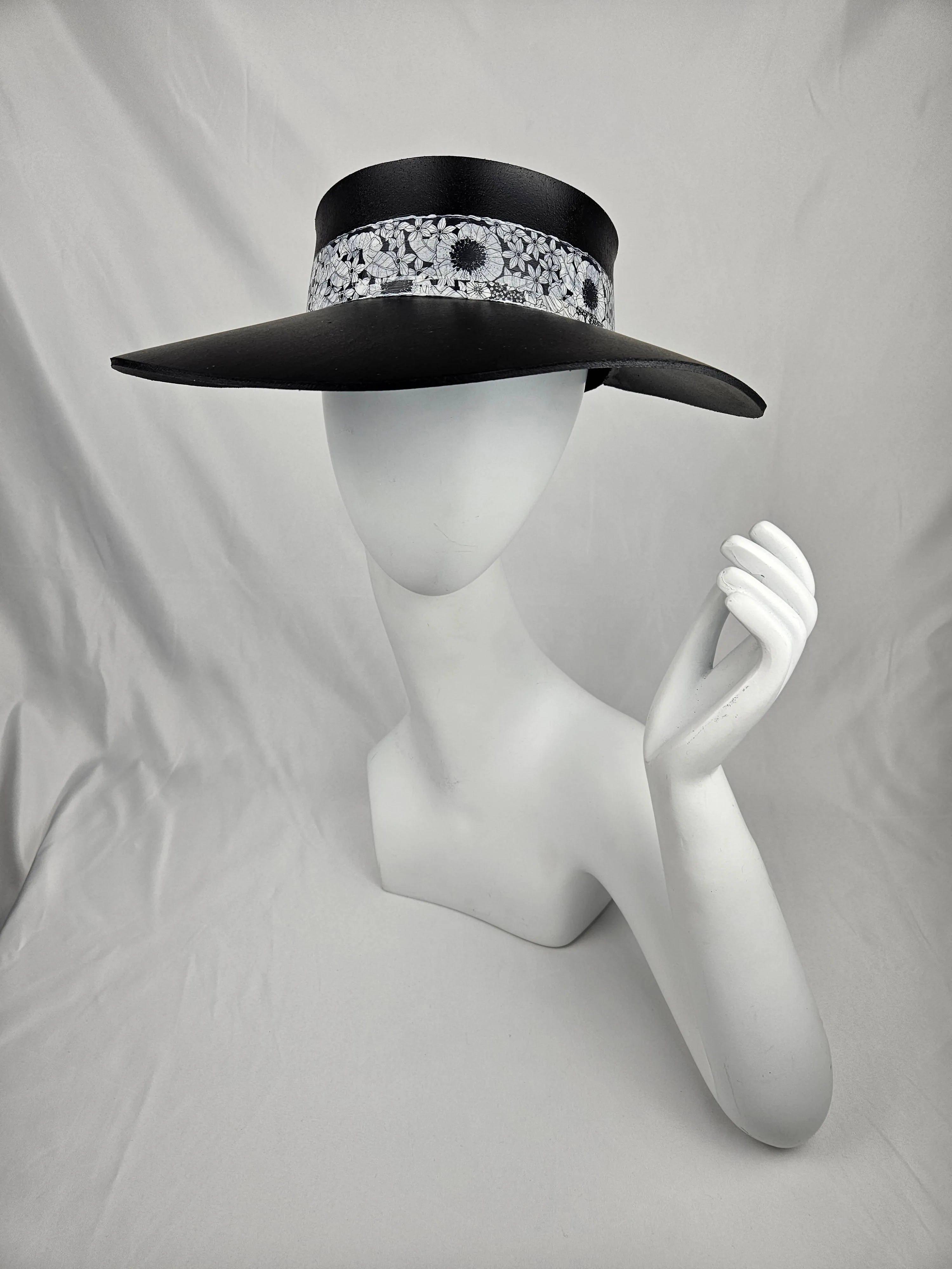 Black "LadyEVA" Visor Hat with Floral Band and Handpainted Motif