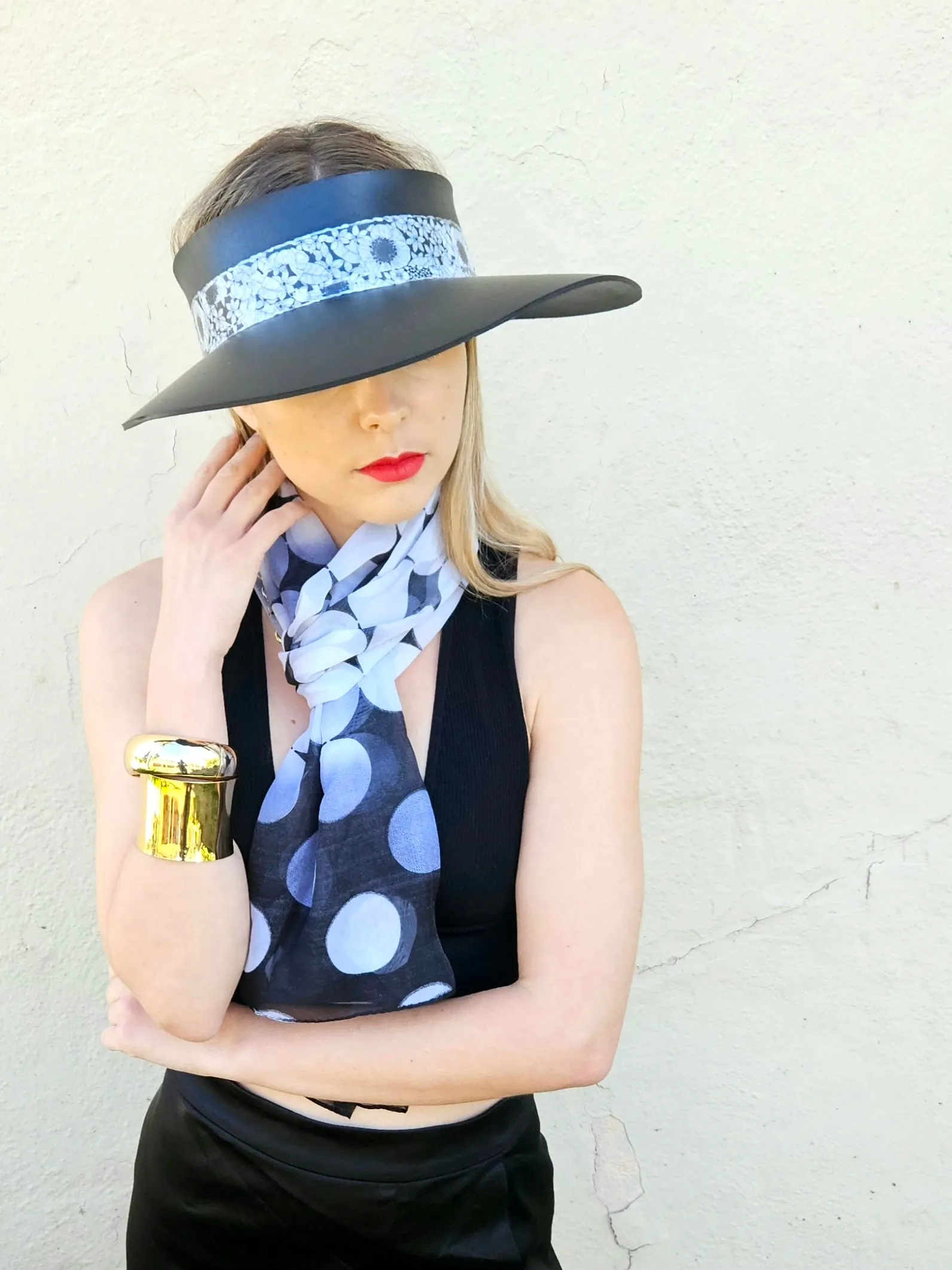 Black "LadyEVA" Visor Hat with Floral Band and Handpainted Motif