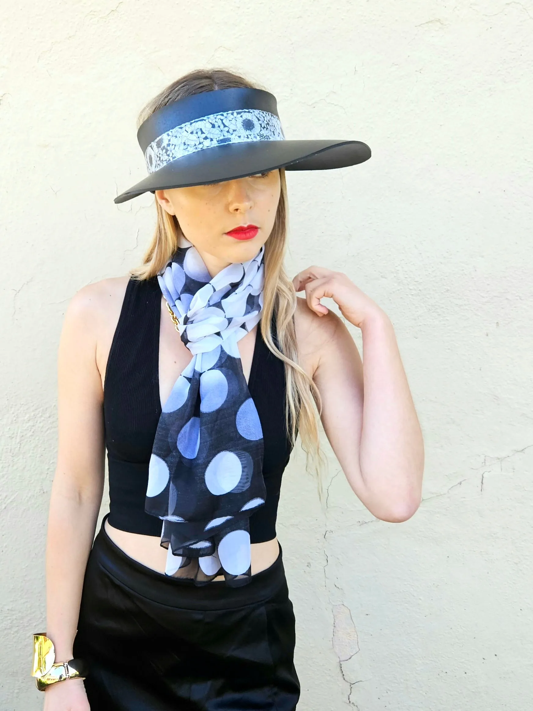 Black "LadyEVA" Visor Hat with Floral Band and Handpainted Motif