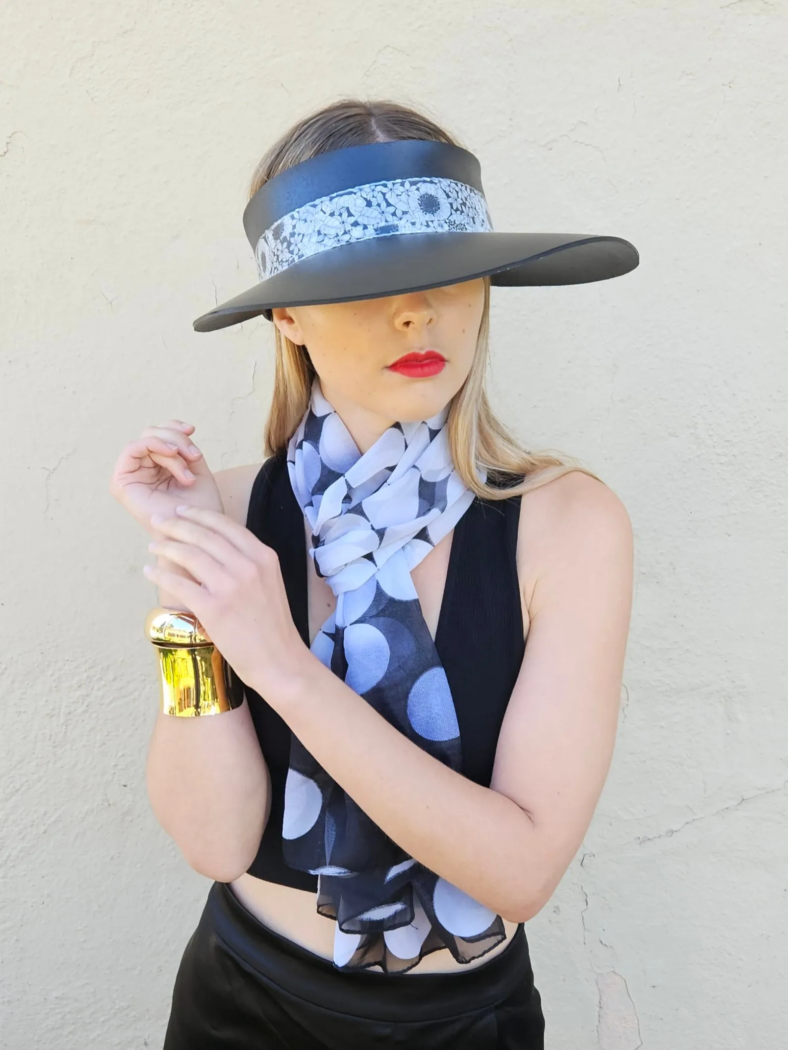 Black "LadyEVA" Visor Hat with Floral Band and Handpainted Motif