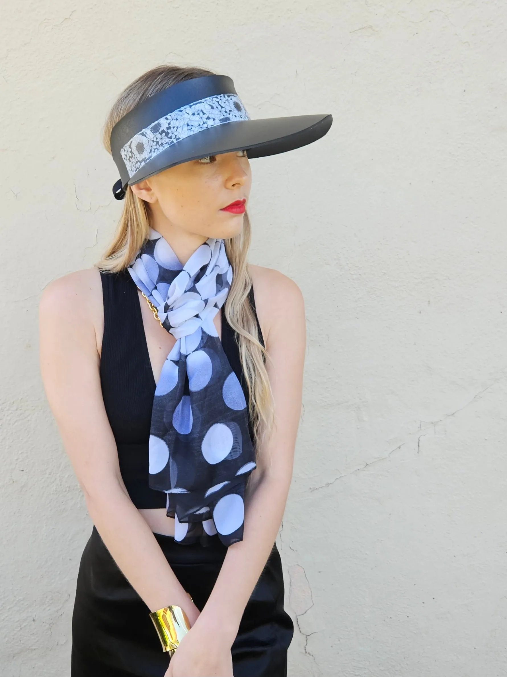 Black "LadyEVA" Visor Hat with Floral Band and Handpainted Motif