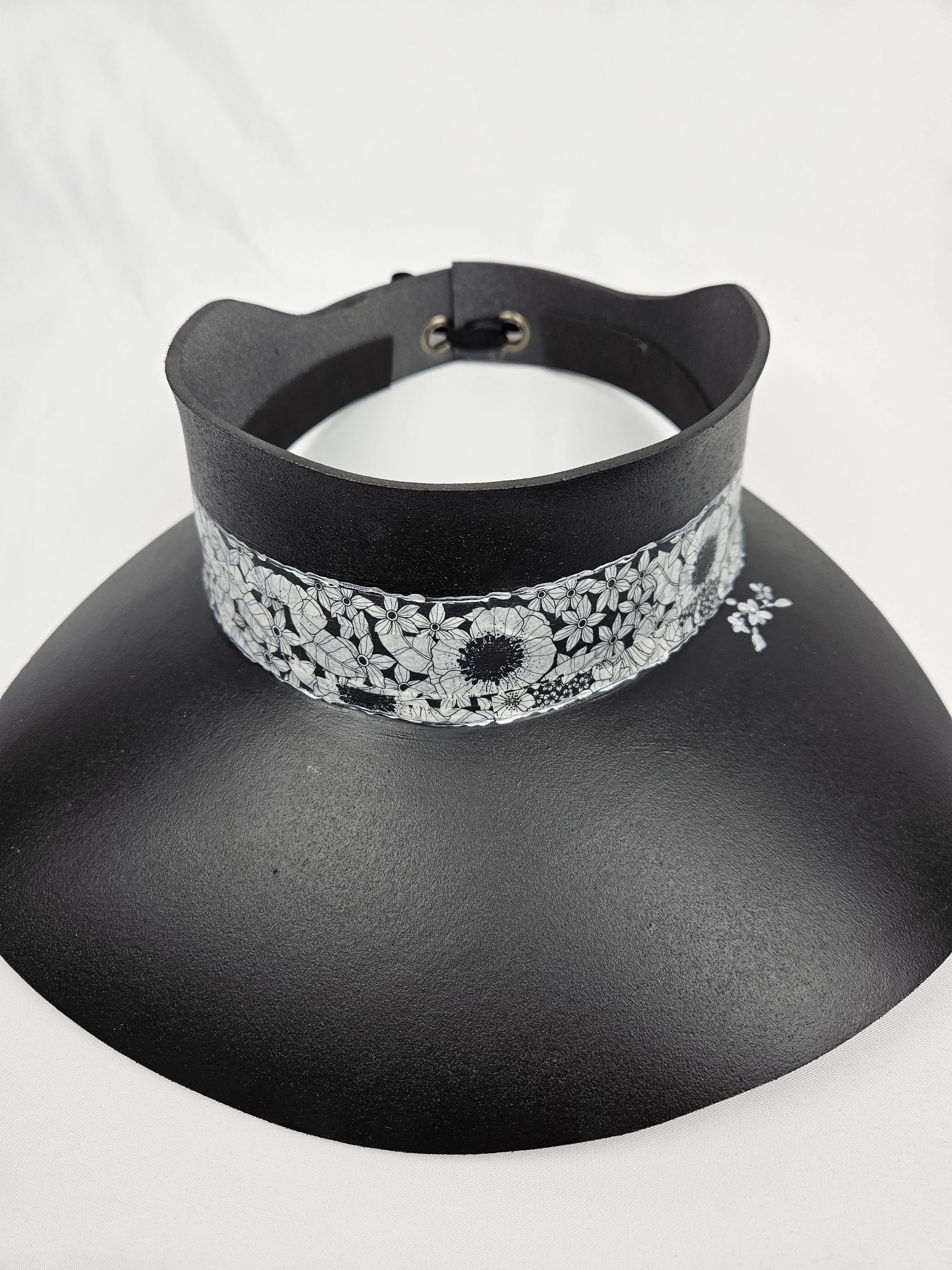 Black "LadyEVA" Visor Hat with Floral Band and Handpainted Motif