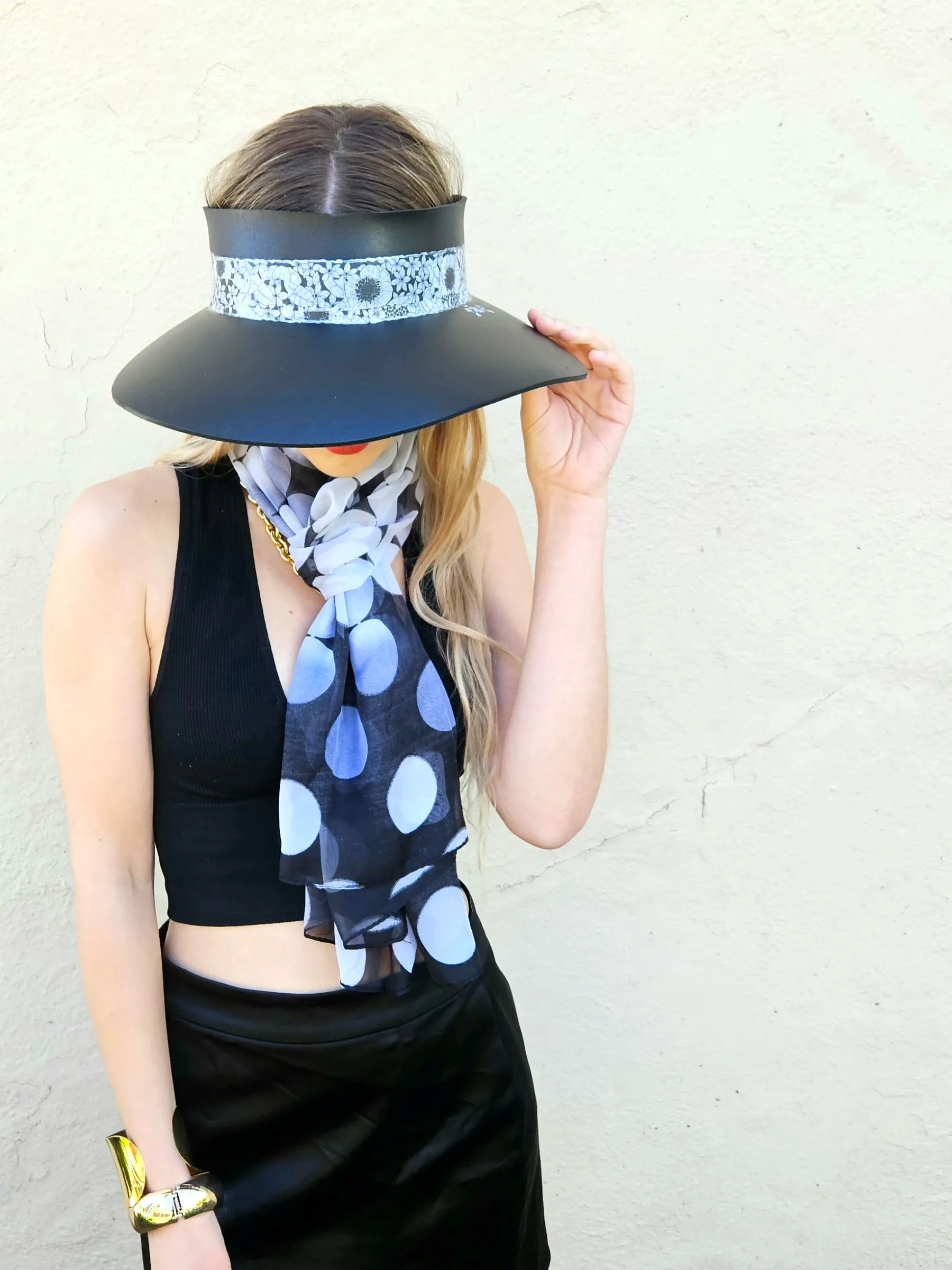 Black "LadyEVA" Visor Hat with Floral Band and Handpainted Motif