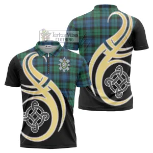 Black Watch Ancient Tartan Zipper Polo Shirt with Family Crest and Celtic Symbol Style