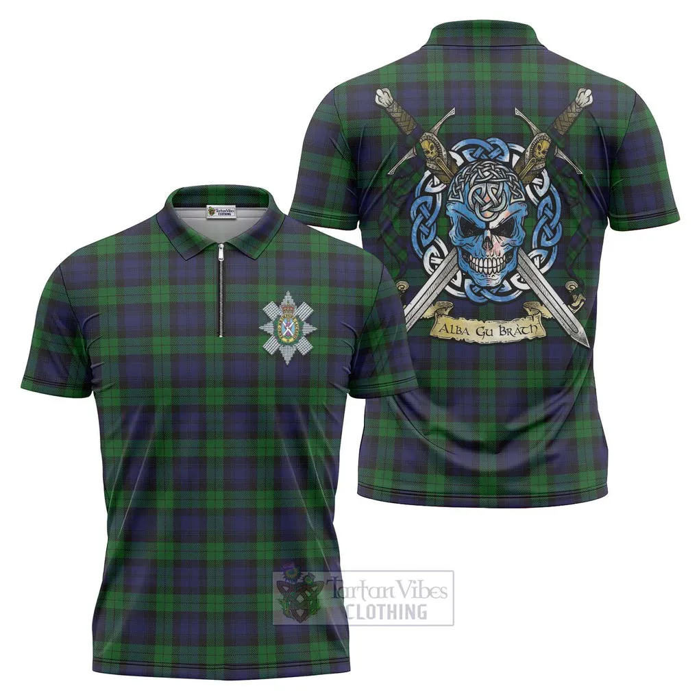 Black Watch Tartan Zipper Polo Shirt with Family Crest Celtic Skull Style