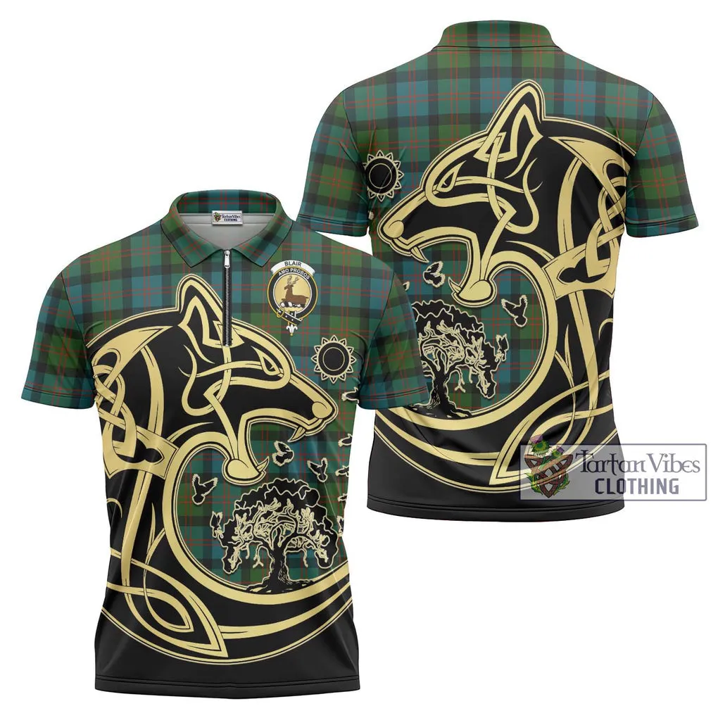 Blair Ancient Tartan Zipper Polo Shirt with Family Crest Celtic Wolf Style